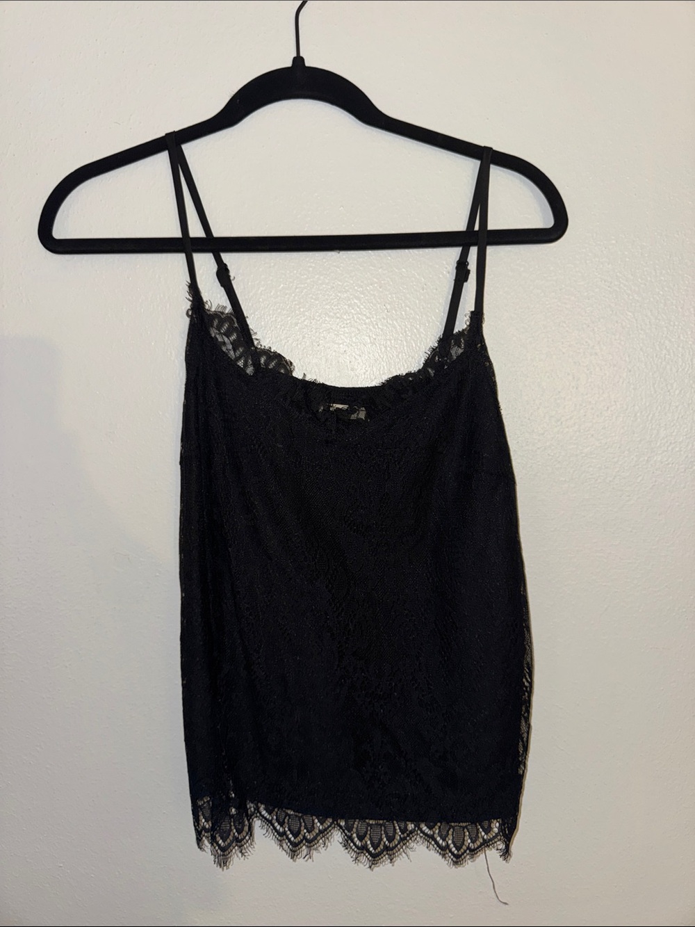 Delicate Black Lace Camisole with Scalloped Hem